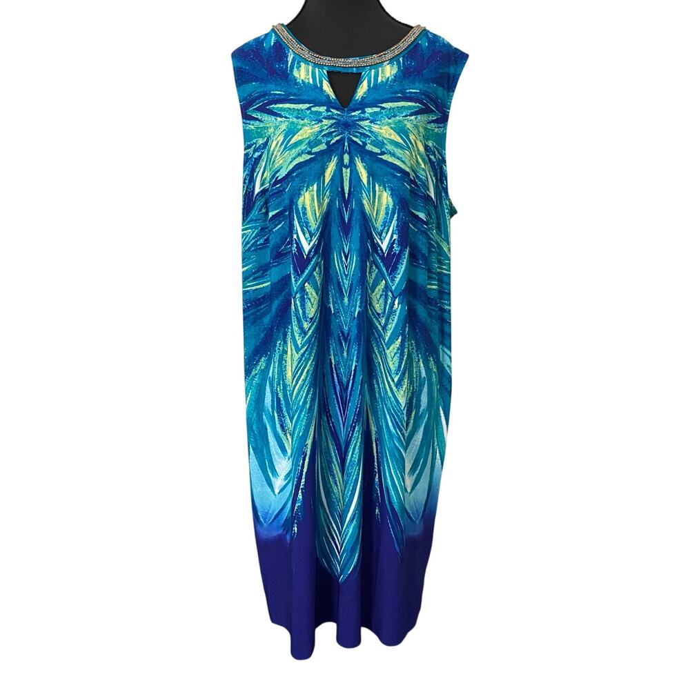 Catherines 1X Blue Teal Abstract Print Beaded Keyhole Stretch Shift Dress Resort